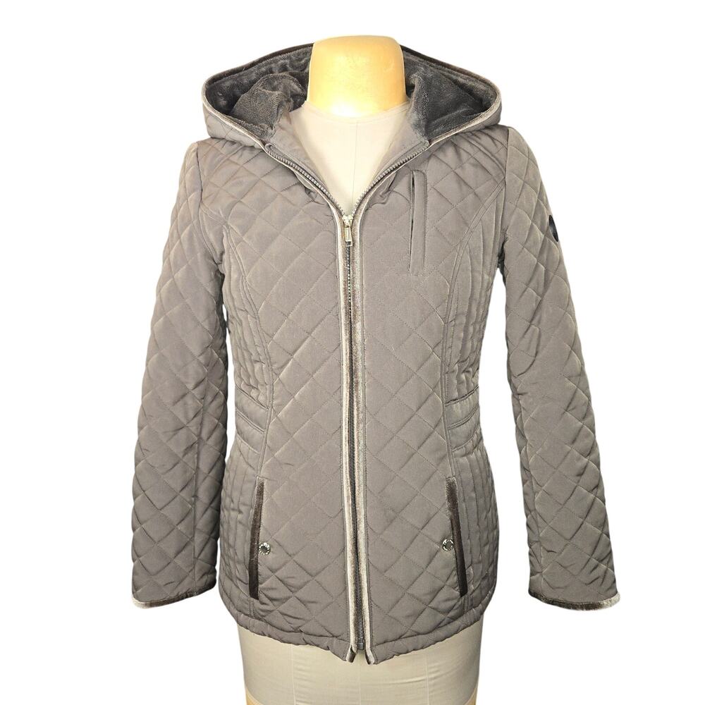 Laundry by Shelli Segal Quilted Hooded Jacket M Taupe‎ ZIp Front Neutral Classic